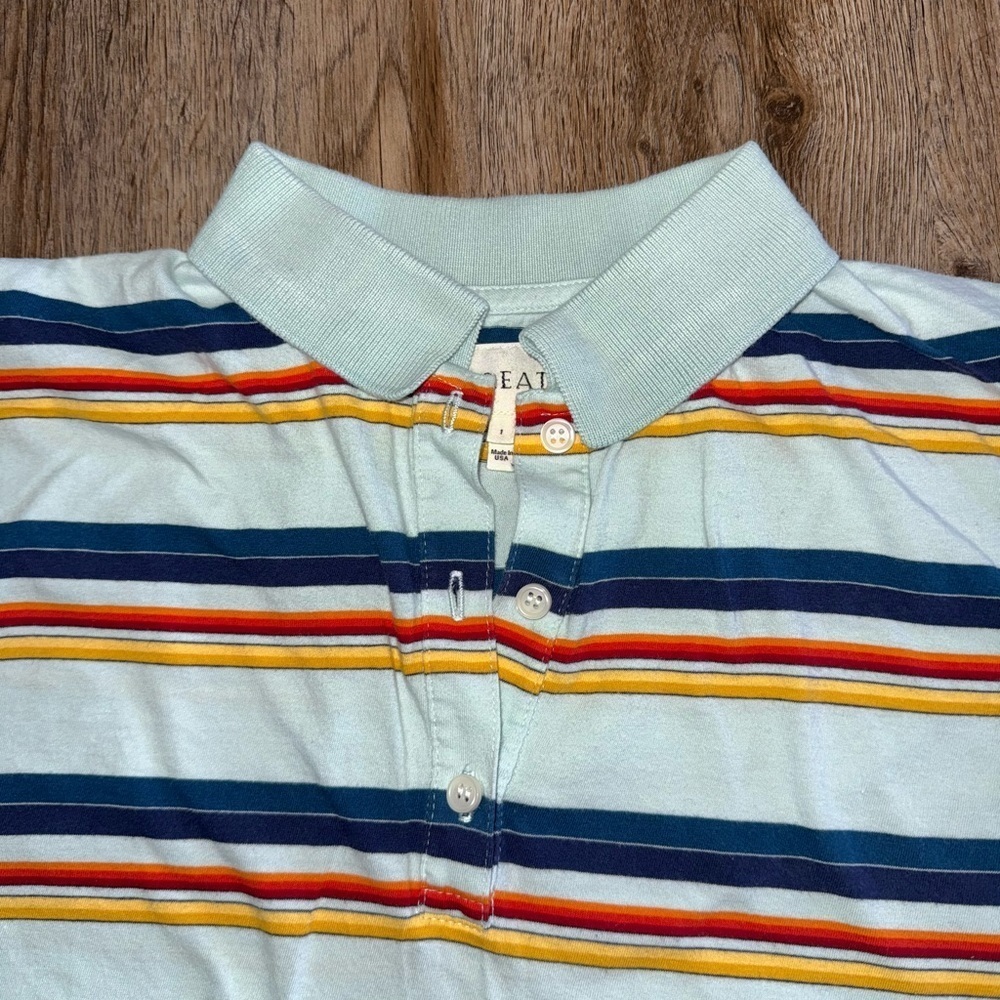 THE GREAT. Mint Striped Polo Tee with Navy, Red and Orange Stripes 1 - Picture 5 of 12